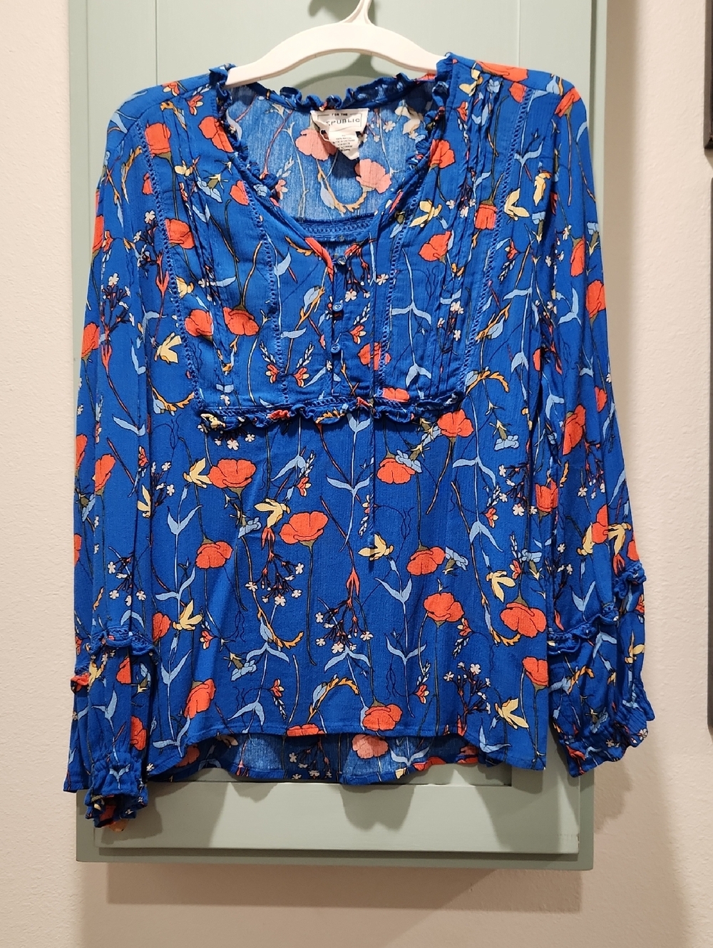 For The Republic Blue Floral Peasant Blouse with Red-Orange Blooms